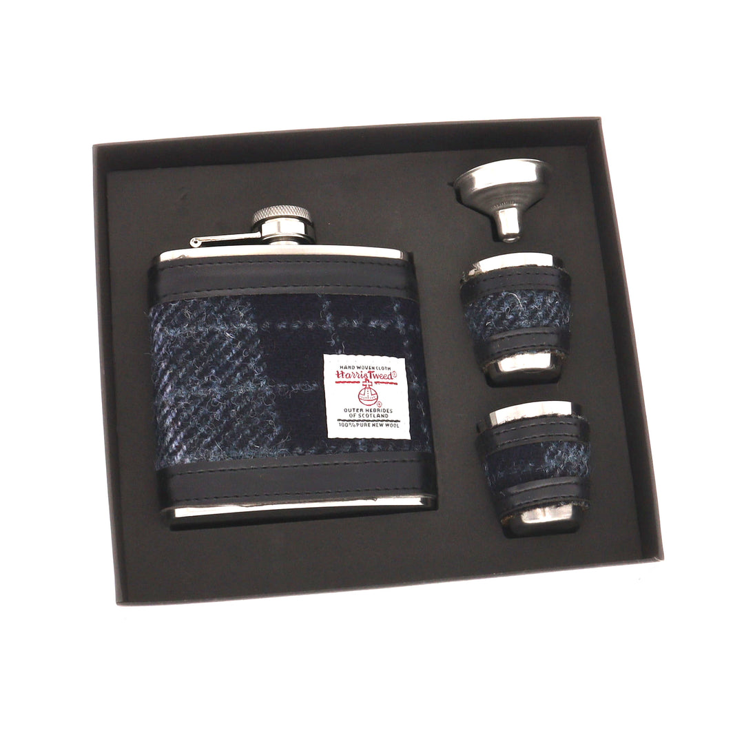 Glen Appin Harris Tweed Hip Flask & Cups Gift Set - Grey Check