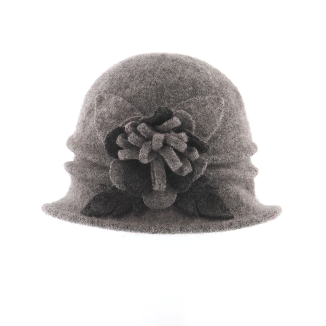 Grey Ribbed Wool Pull On Cloche With Flower Detail