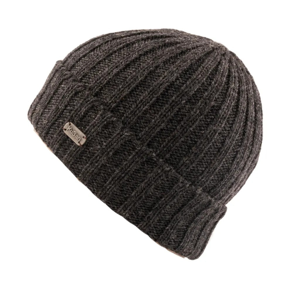 Kusan Rib Knit Turn Up Beanie Hat Charcoal