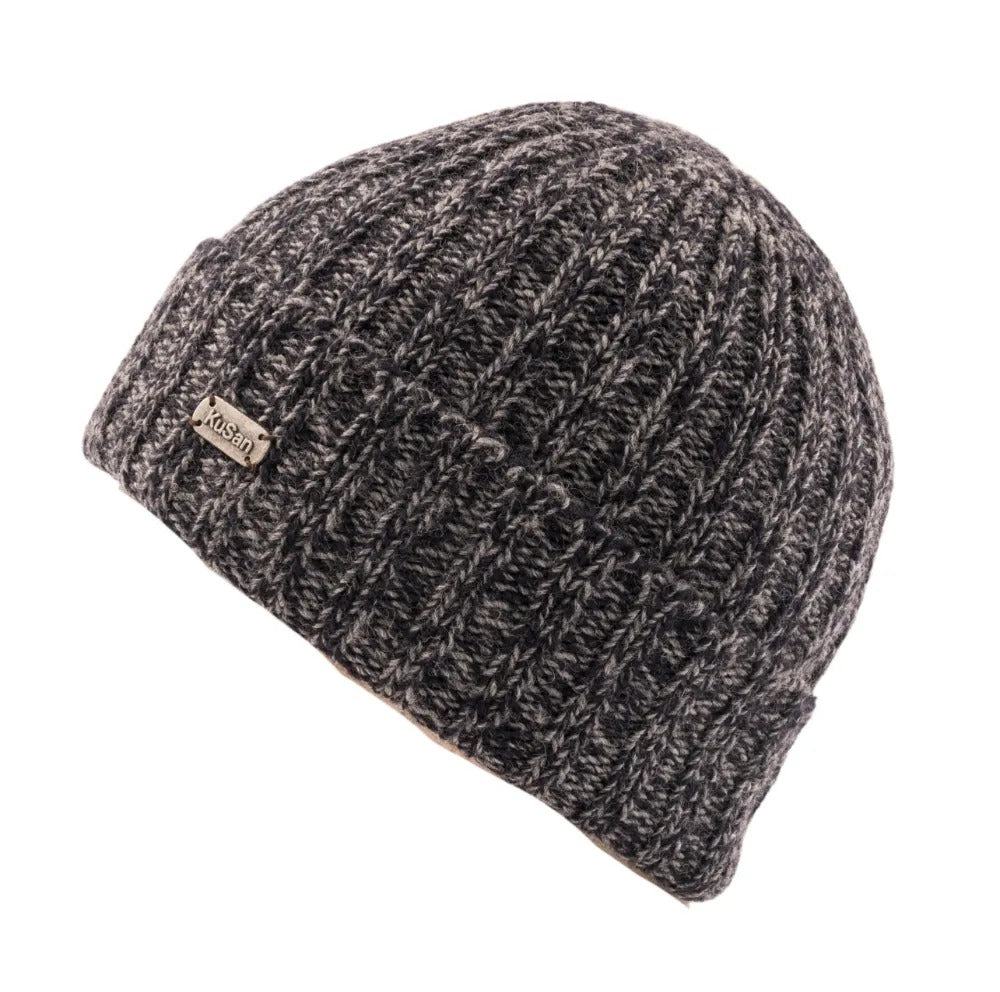 Kusan Rib Knit Turn Up Beanie Hat Blue Marl