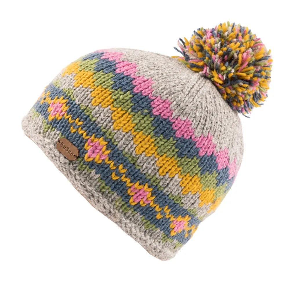 Kusan Wool Bobble Beanie Hat Grey/Pink