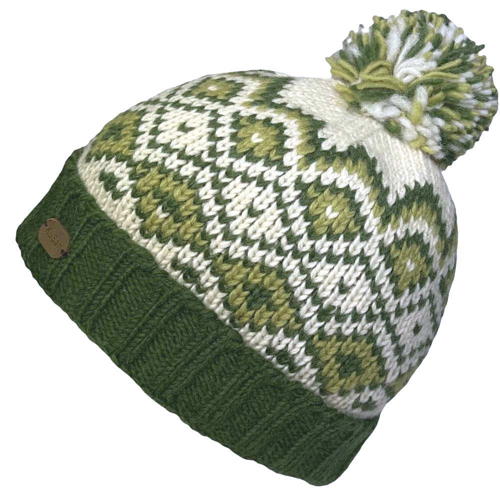 Kusan Wool Turn Up Bobble Hat Green