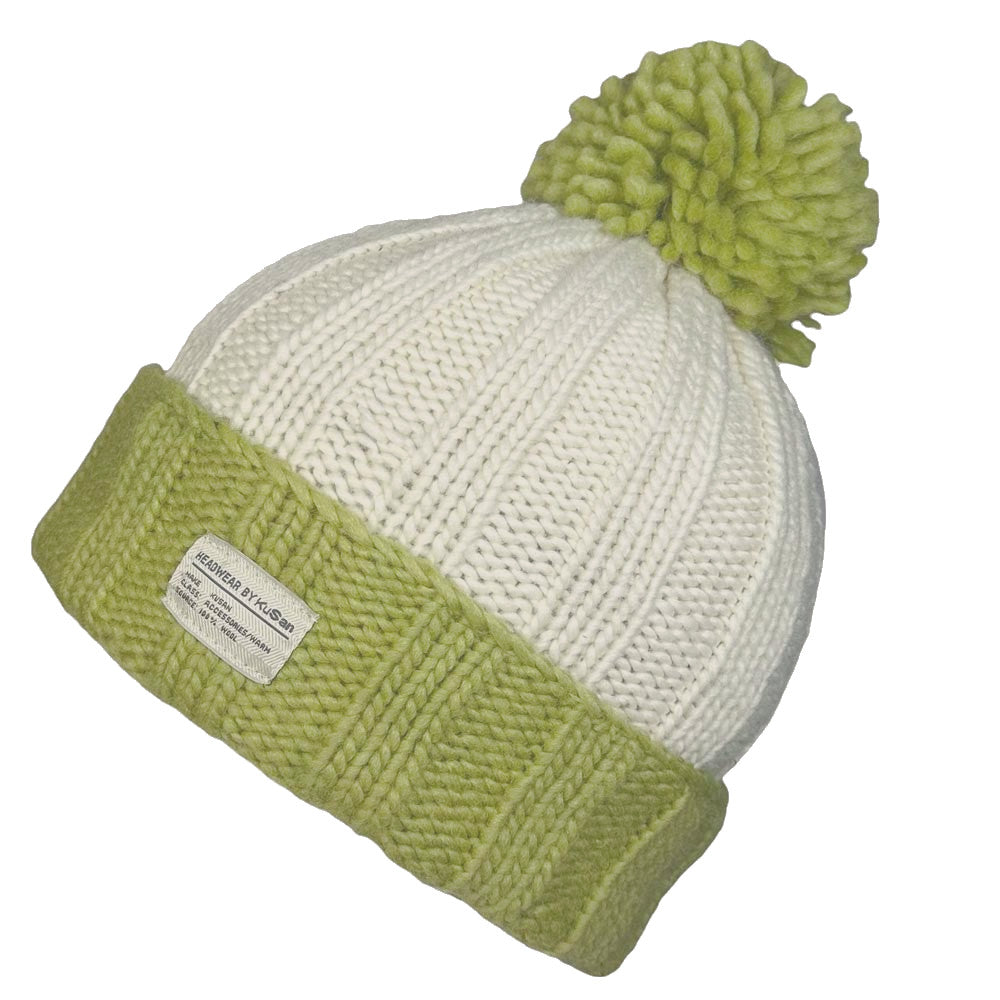 Kusan Moss Yarn Turn Up Bobble Hat Lime/White