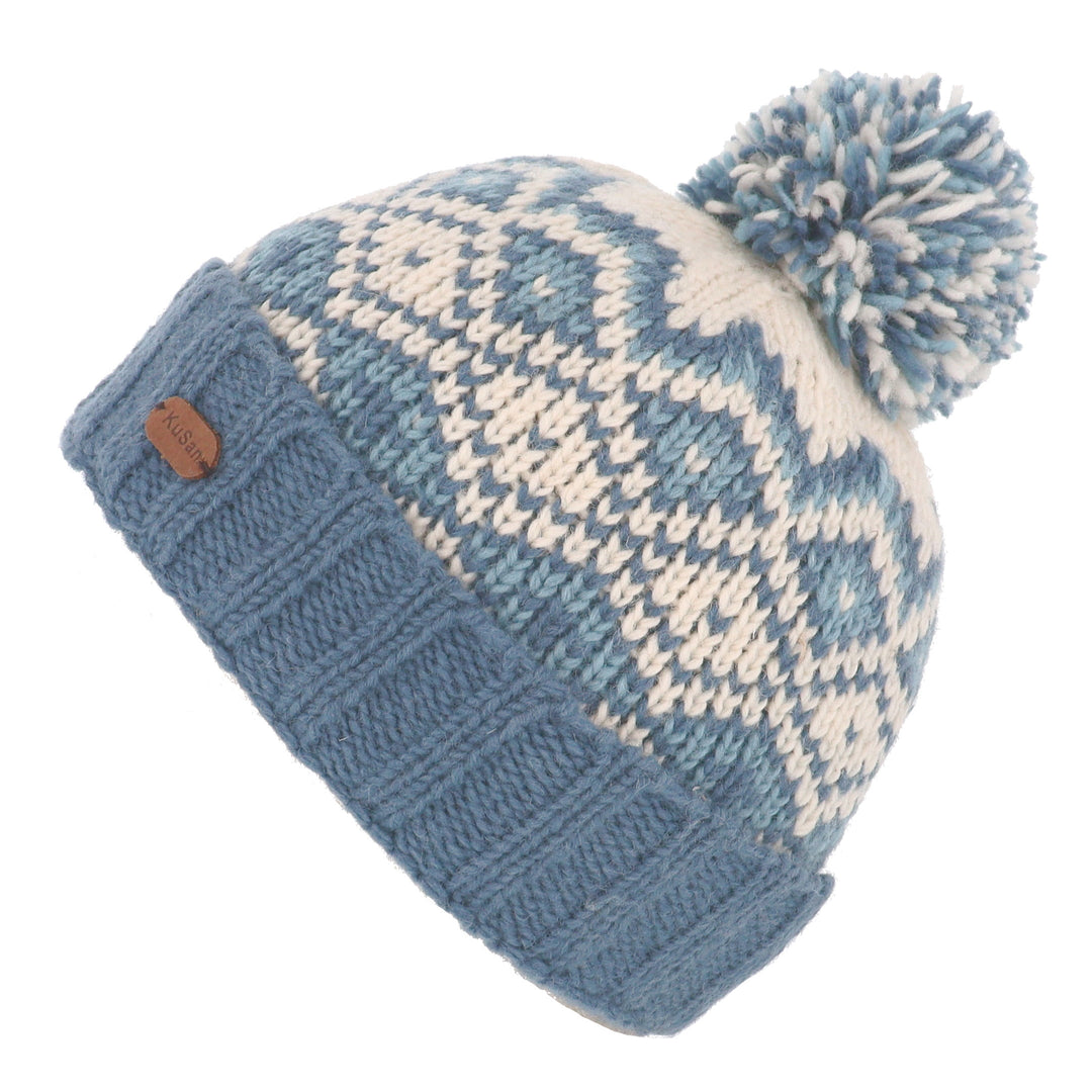 Kusan Wool Turn Up Bobble Hat Blue
