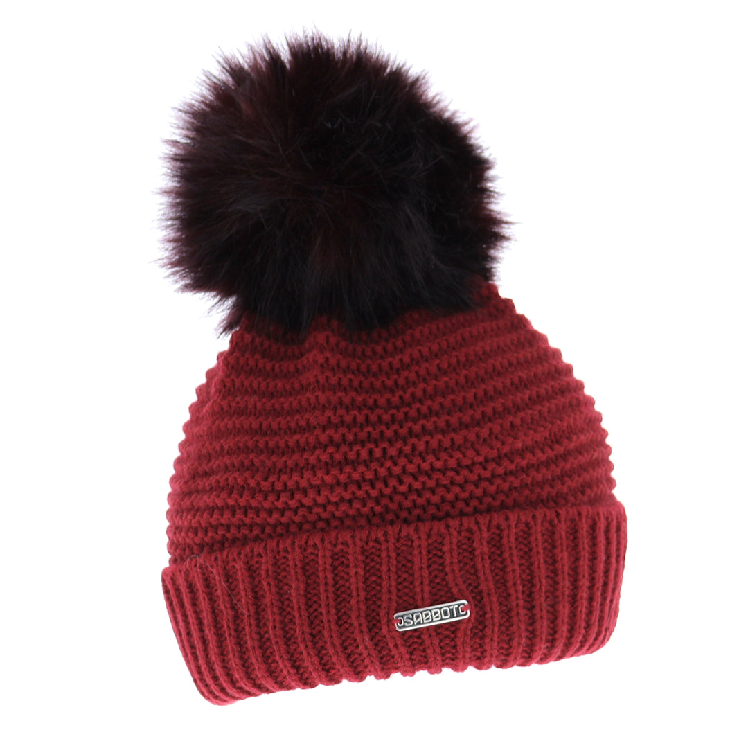 Sabbot Eva Knit Turn Up Faux Fur Bobble Hat Bordeaux