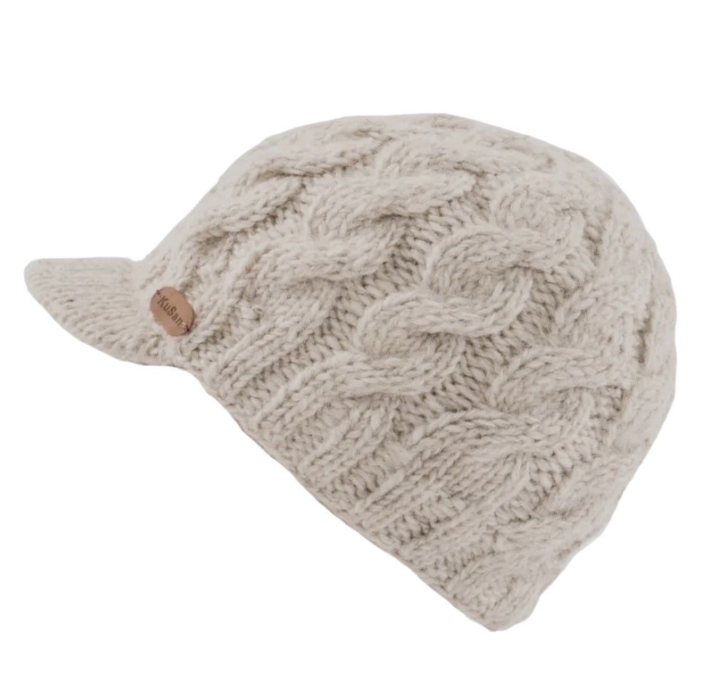 Kusan Cable Knit Peaked Beanie Cap Oatmeal