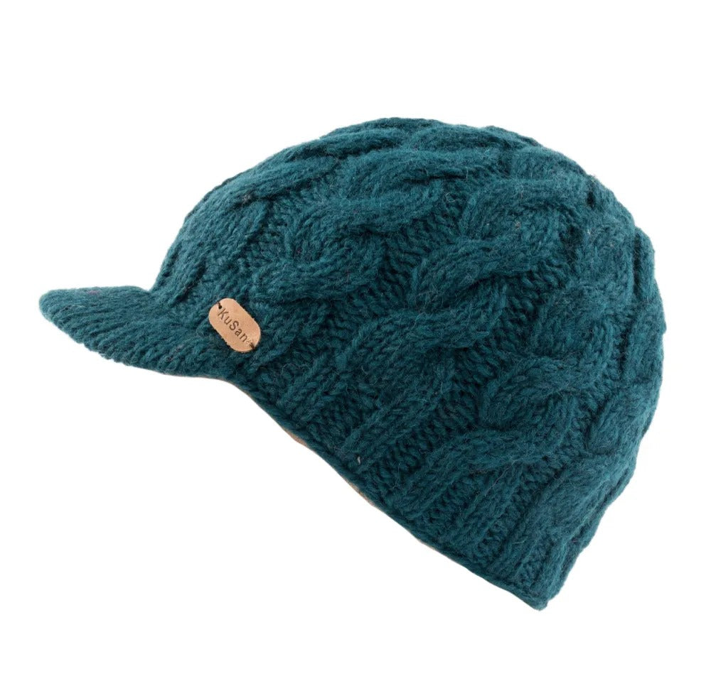 Kusan Cable Knit Peaked Beanie Cap Teal