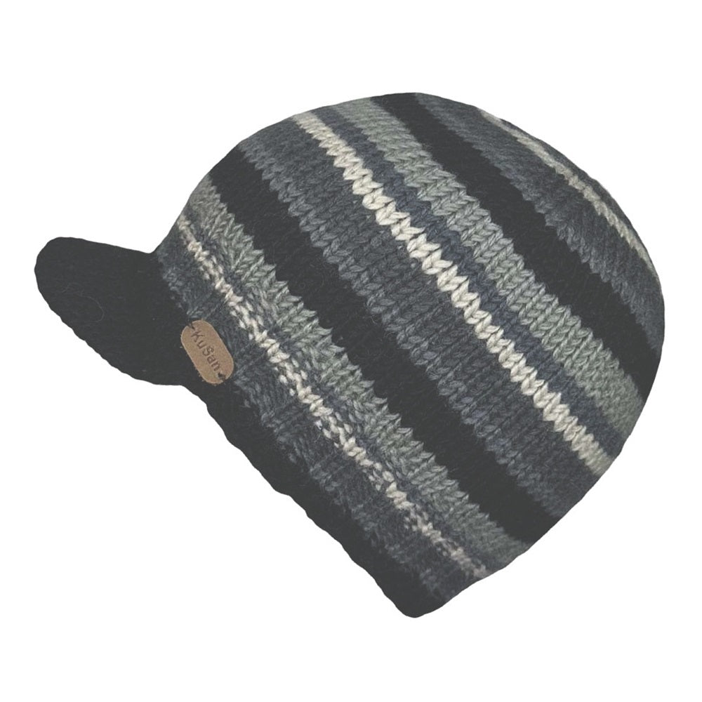 Kusan Peaked Wool Cap Hand Made In Nepal Black Grey – The
