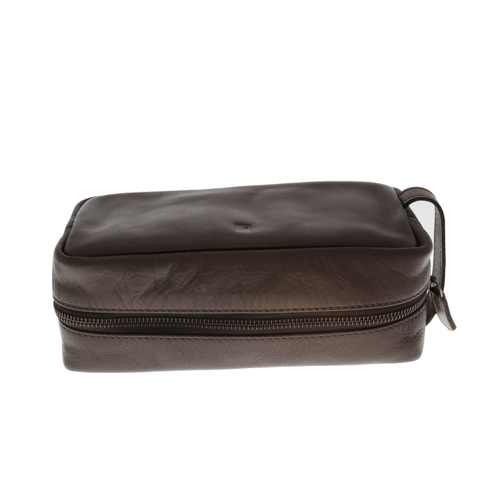 Premium Leather Colour Block Washbag Brown
