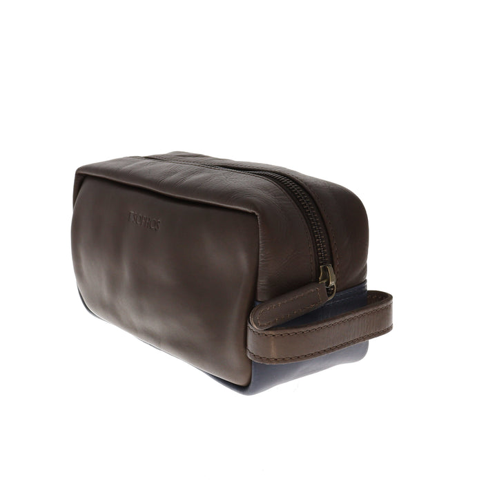 Premium Leather Colour Block Washbag Brown
