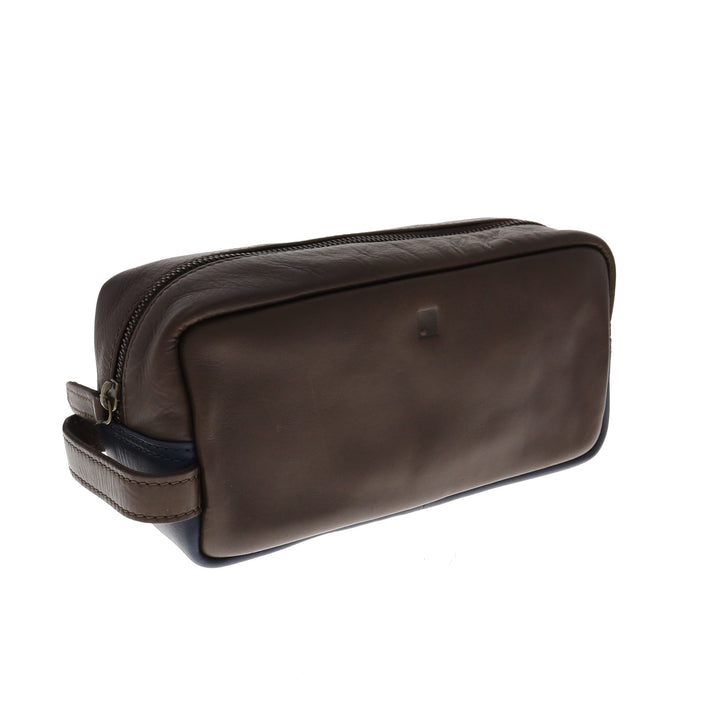 Premium Leather Colour Block Washbag Brown