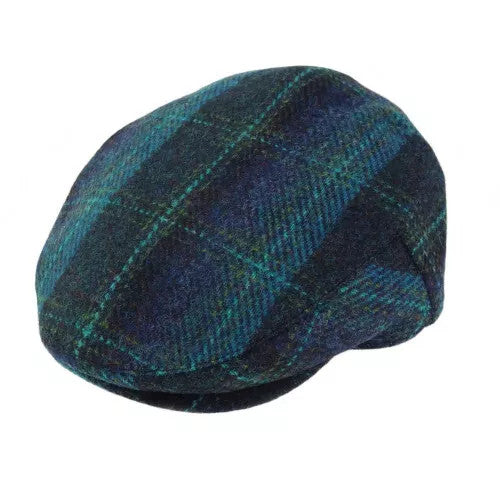 Glen Appin Harris Tweed Wool Country Flat Cap Turquoise Overcheck