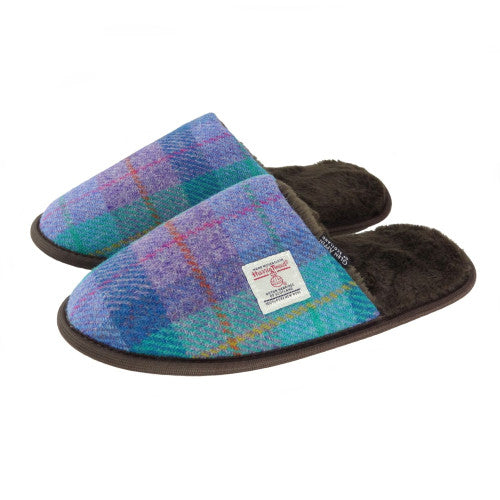 Glen Appin Harris Tweed Slippers in Green & Purple Check