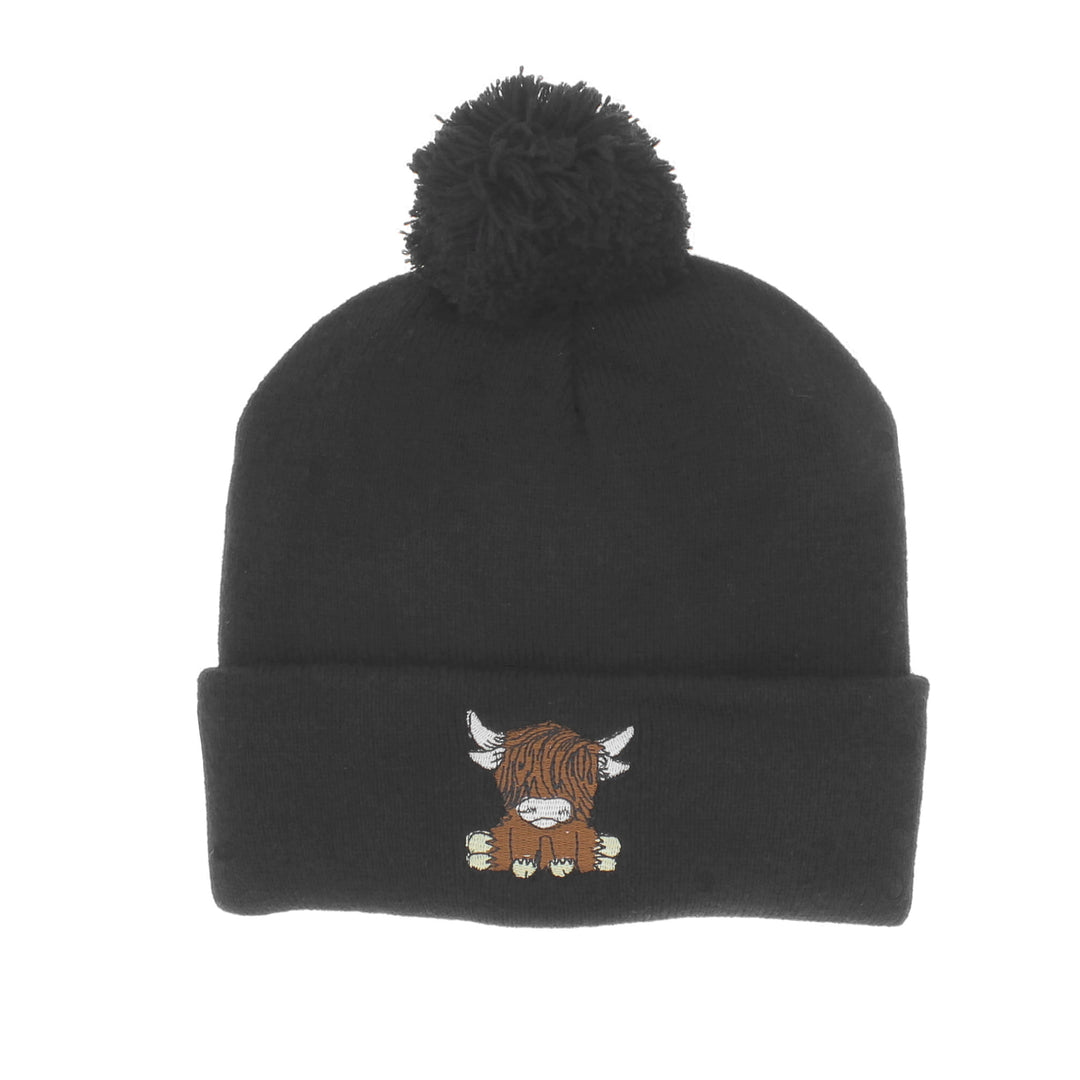 Highland Cow Embroidered Beanie Hat in Black