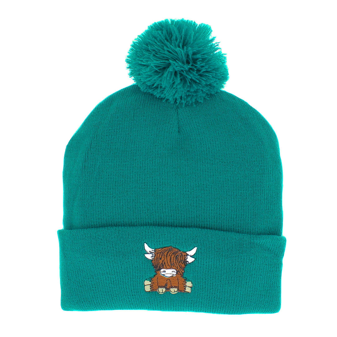 Highland Cow Embroidered Beanie Hat in Turquoise