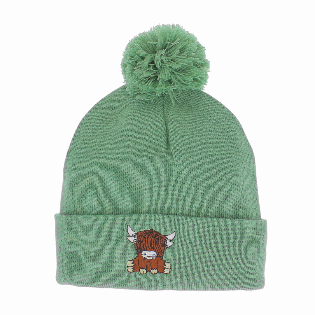 Highland Cow Embroidered Beanie Hat in Sage Green