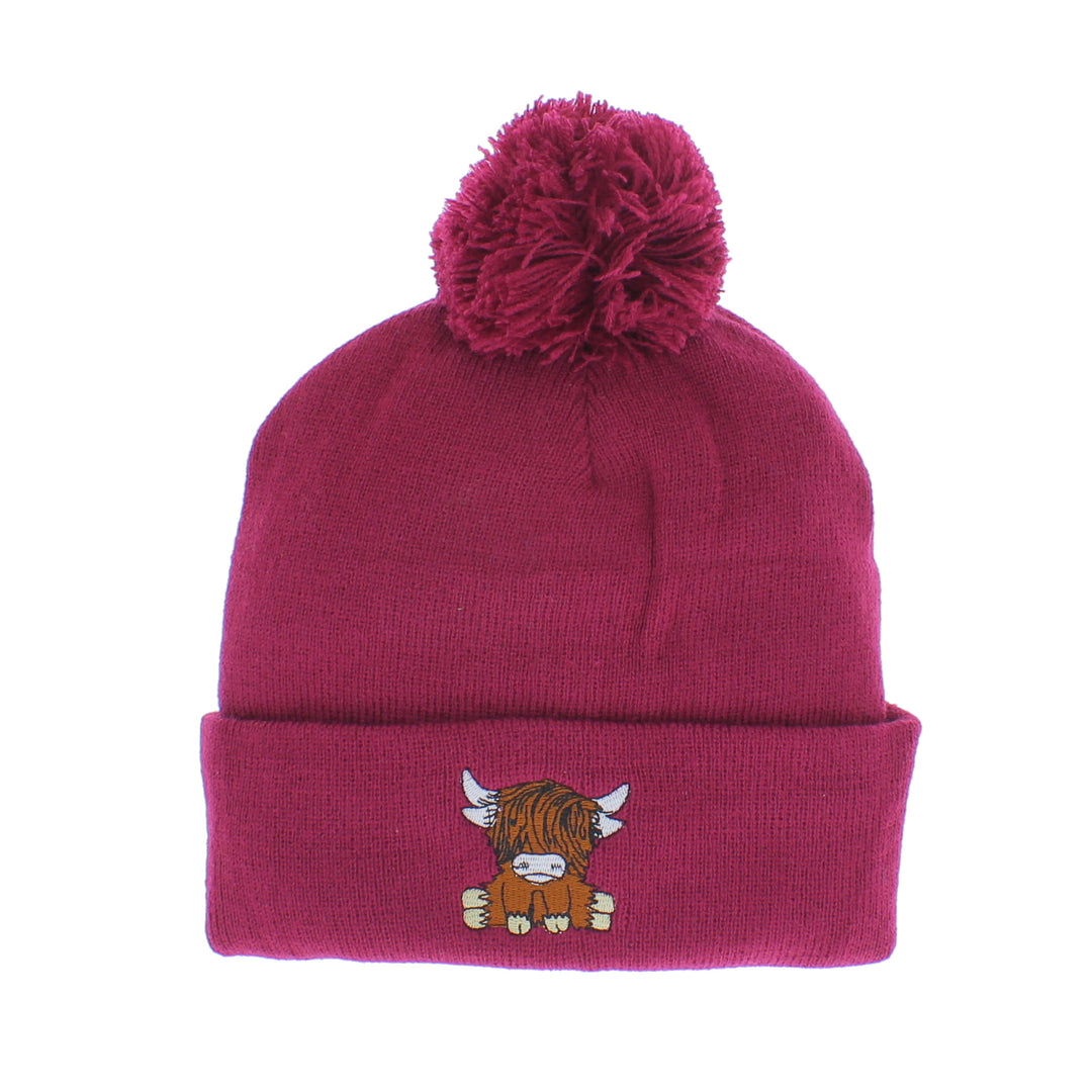 Highland Cow Embroidered Beanie Hat in Plum