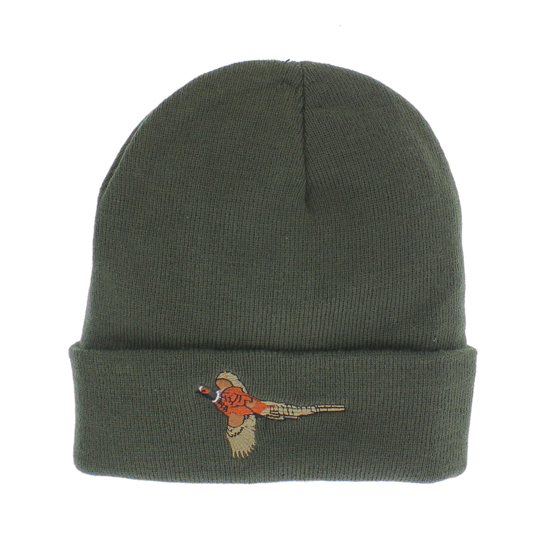 Flying Pheasant Embroidered Beanie Hat in Green