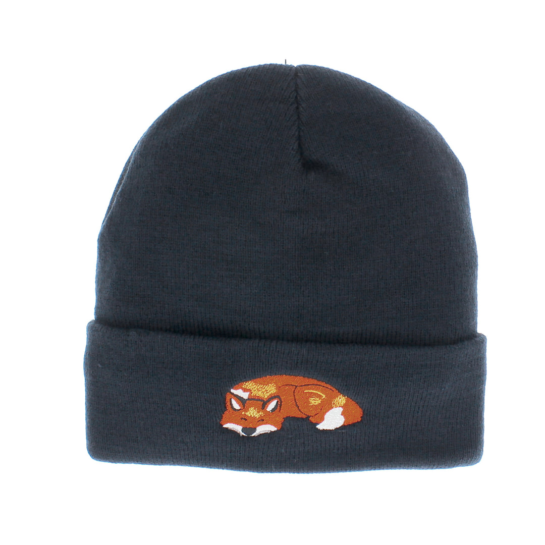 Fox Embroidered Beanie Hat in Navy