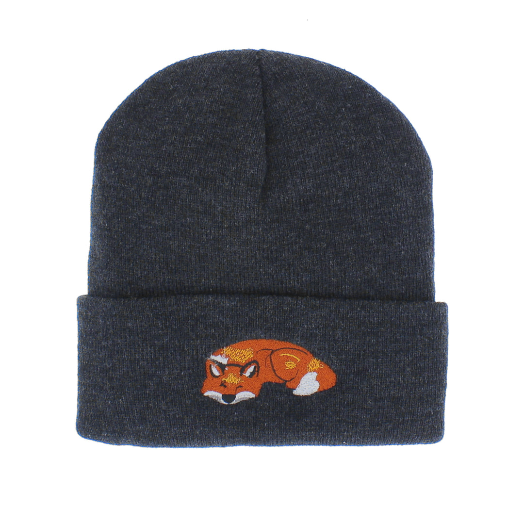 Fox Embroidered Beanie Hat in Grey