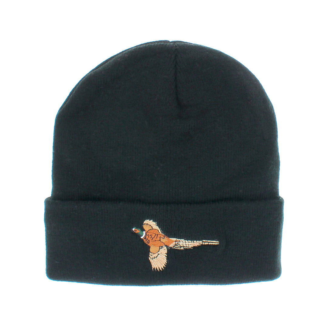 Flying Pheasant Embroidered Beanie Hat in Black