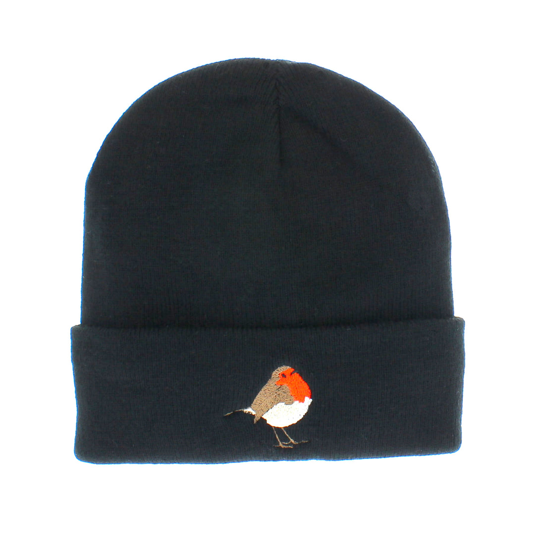 Little Red Robin Embroidered Beanie Hat in Black