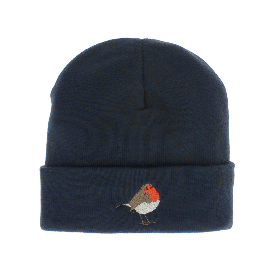 Little Red Robin Embroidered Beanie Hat in Navy