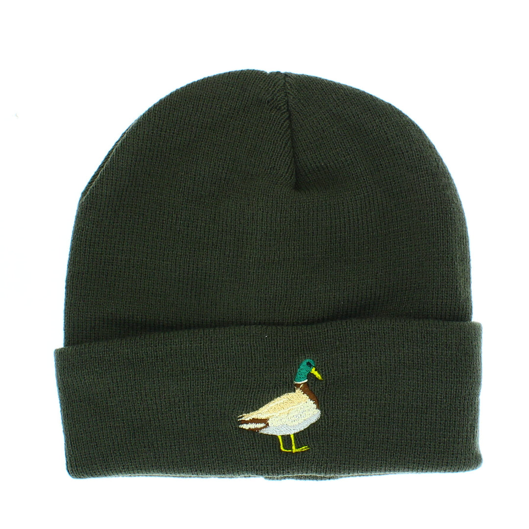 Duck Embroidered Beanie Hat in Olive Green