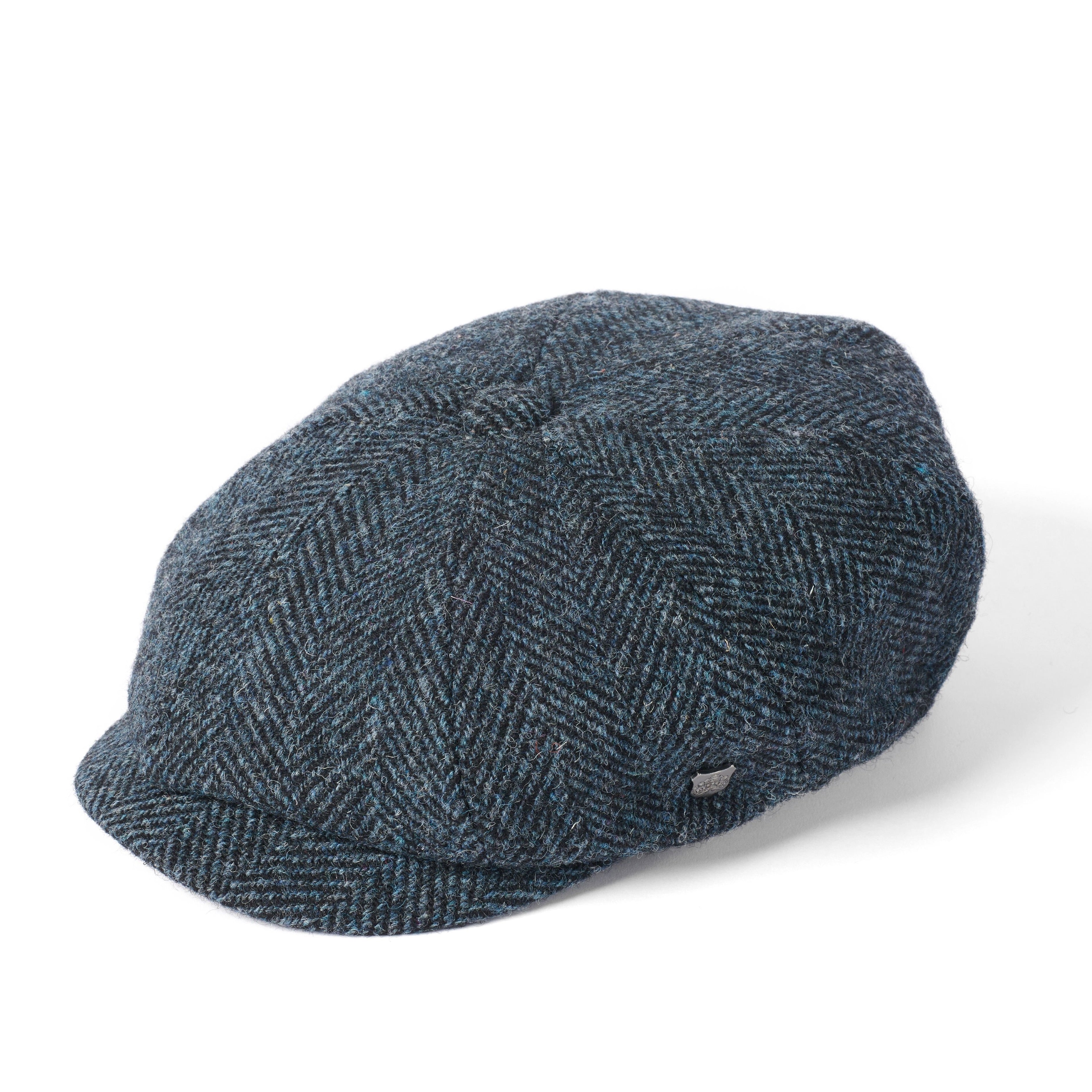 Carloway Harris Tweed Bakerboy Cap In Blue Herringbone 4750 From Failsworth