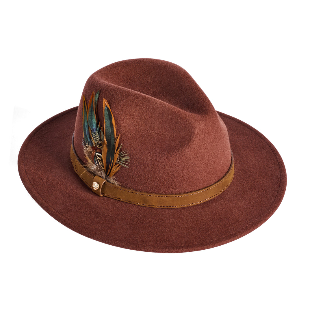 Failsworth Ladies Wool Fedora Hat With Feather in Chestnut