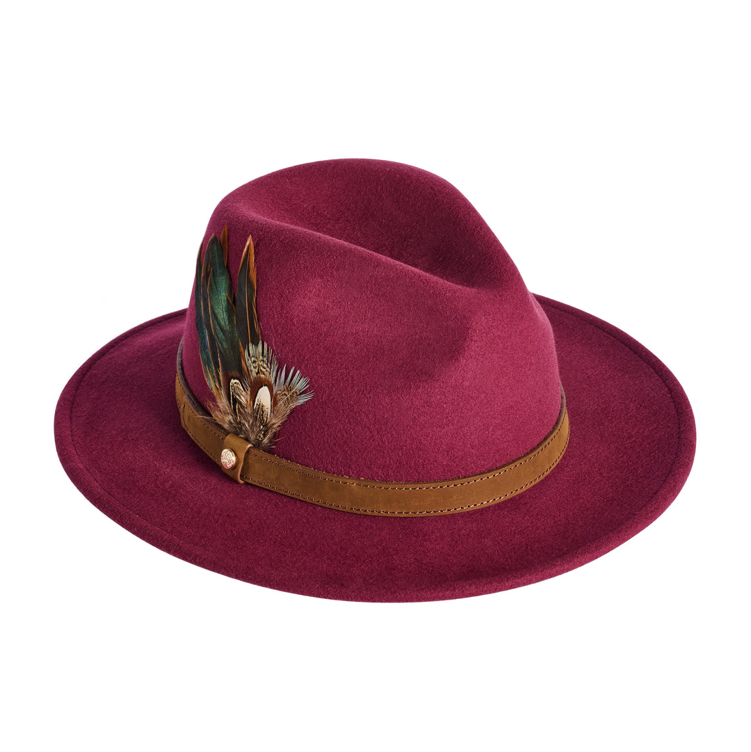 Failsworth Ladies Wool Fedora Hat With Feather in Redwood