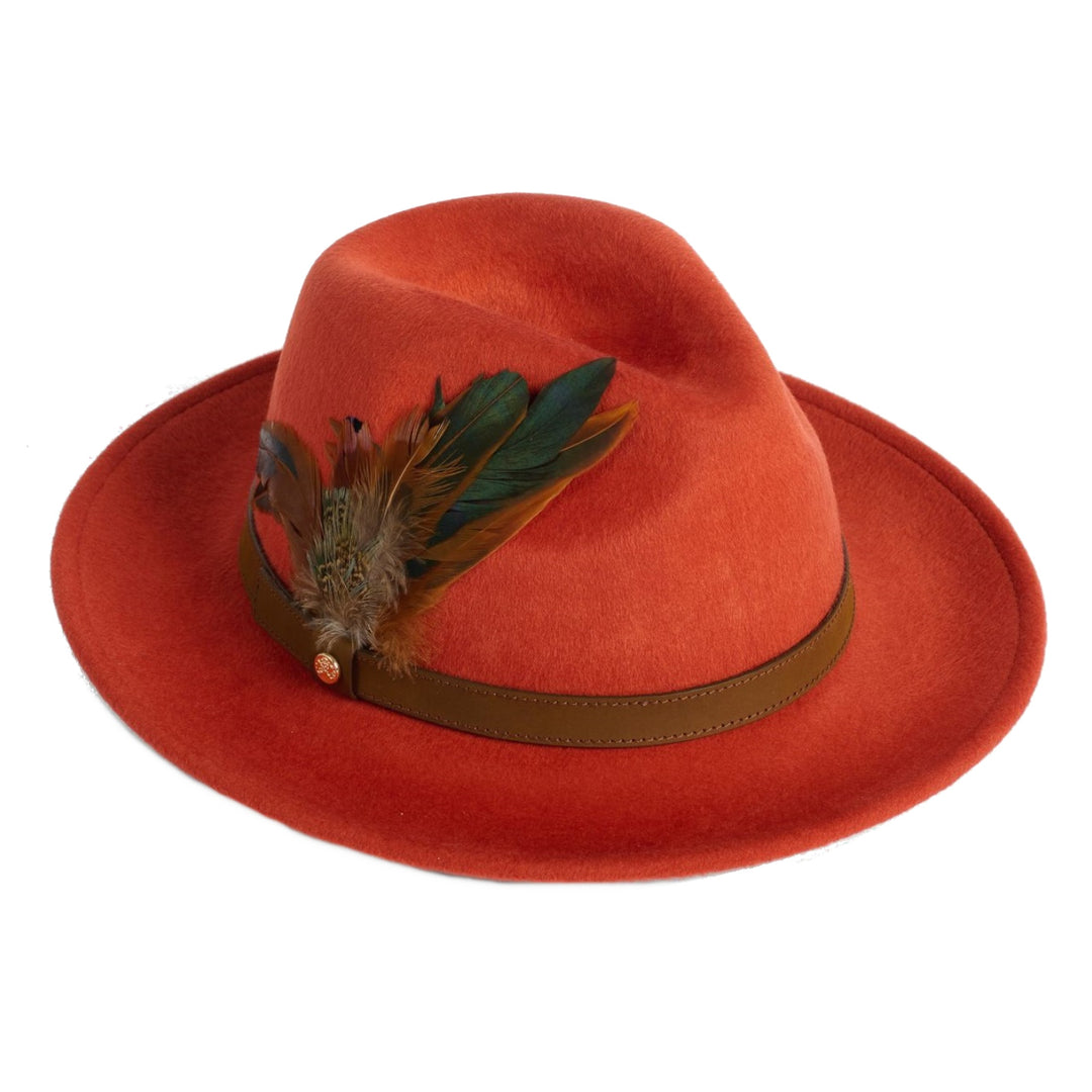 Failsworth Ladies Wool Fedora Hat With Feather in Ginger