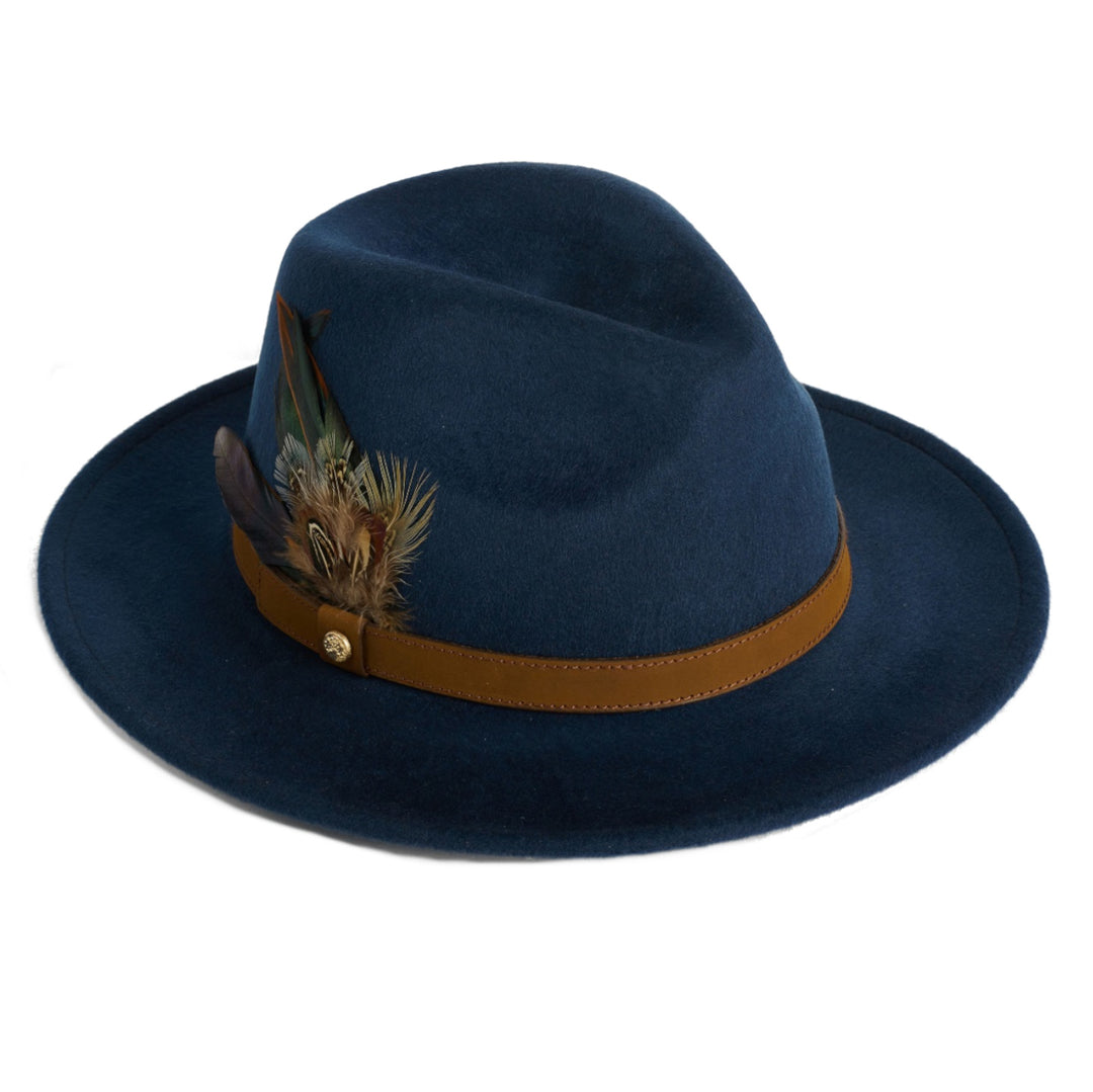 Failsworth Ladies Wool Fedora Hat With Feather in Navy