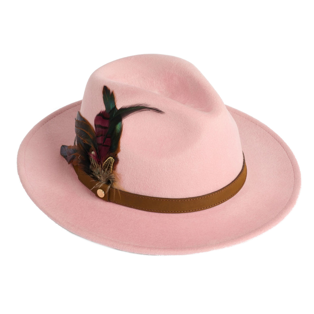 Failsworth Ladies Wool Fedora Hat With Feather in Pale Pink