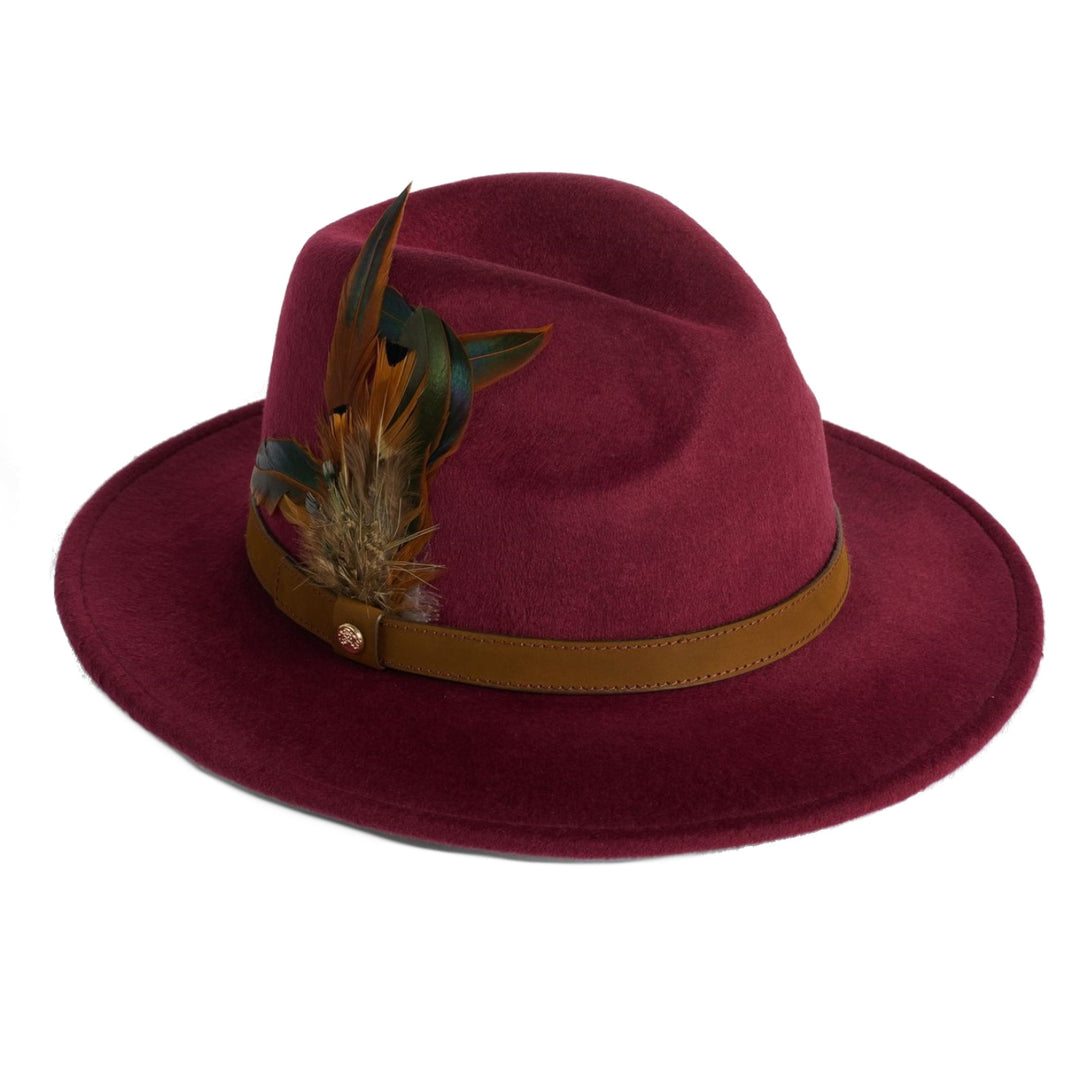 Failsworth Ladies Wool Fedora Hat With Feather in Redwood