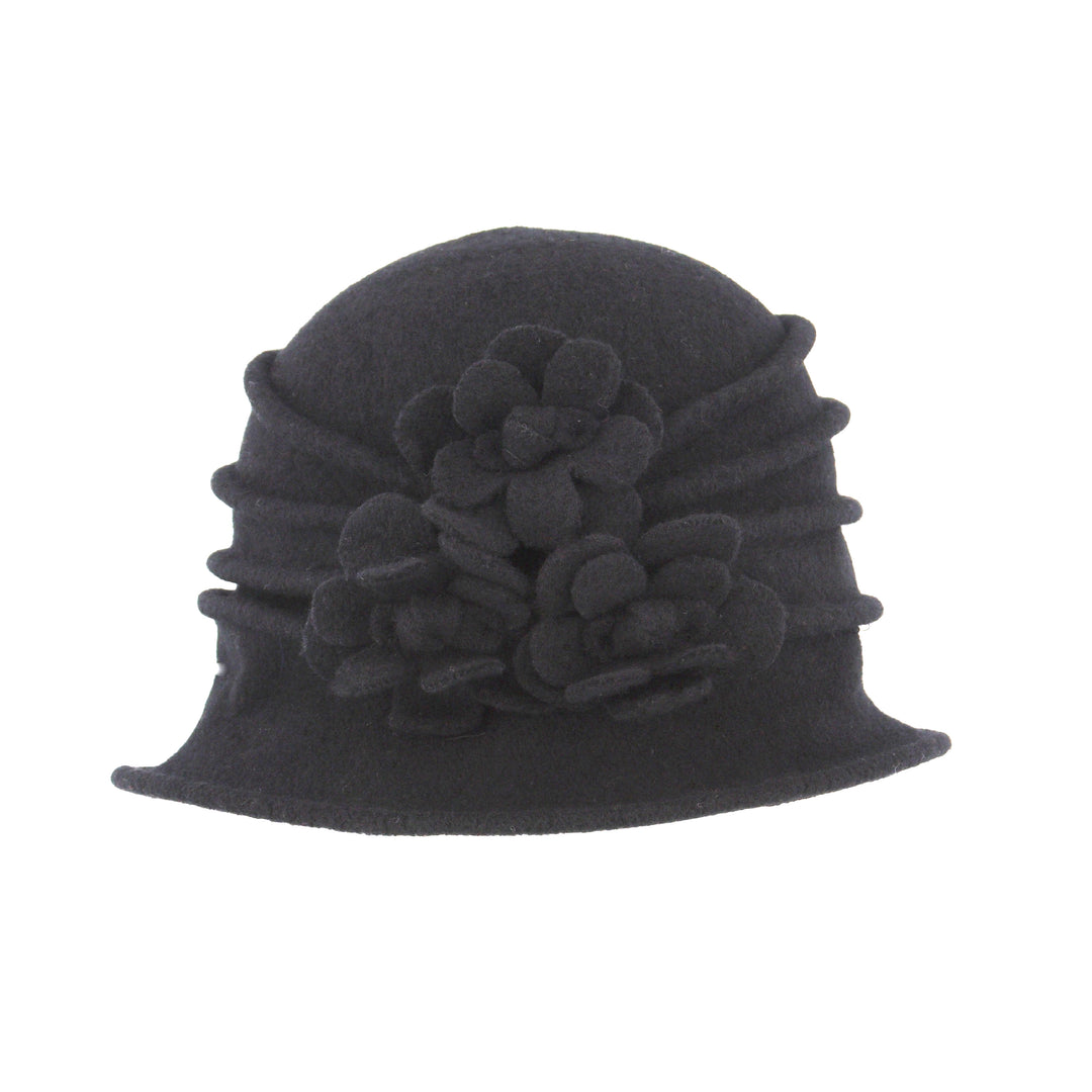 Black Ribbed Wool Cloche Hat With Flower Detail