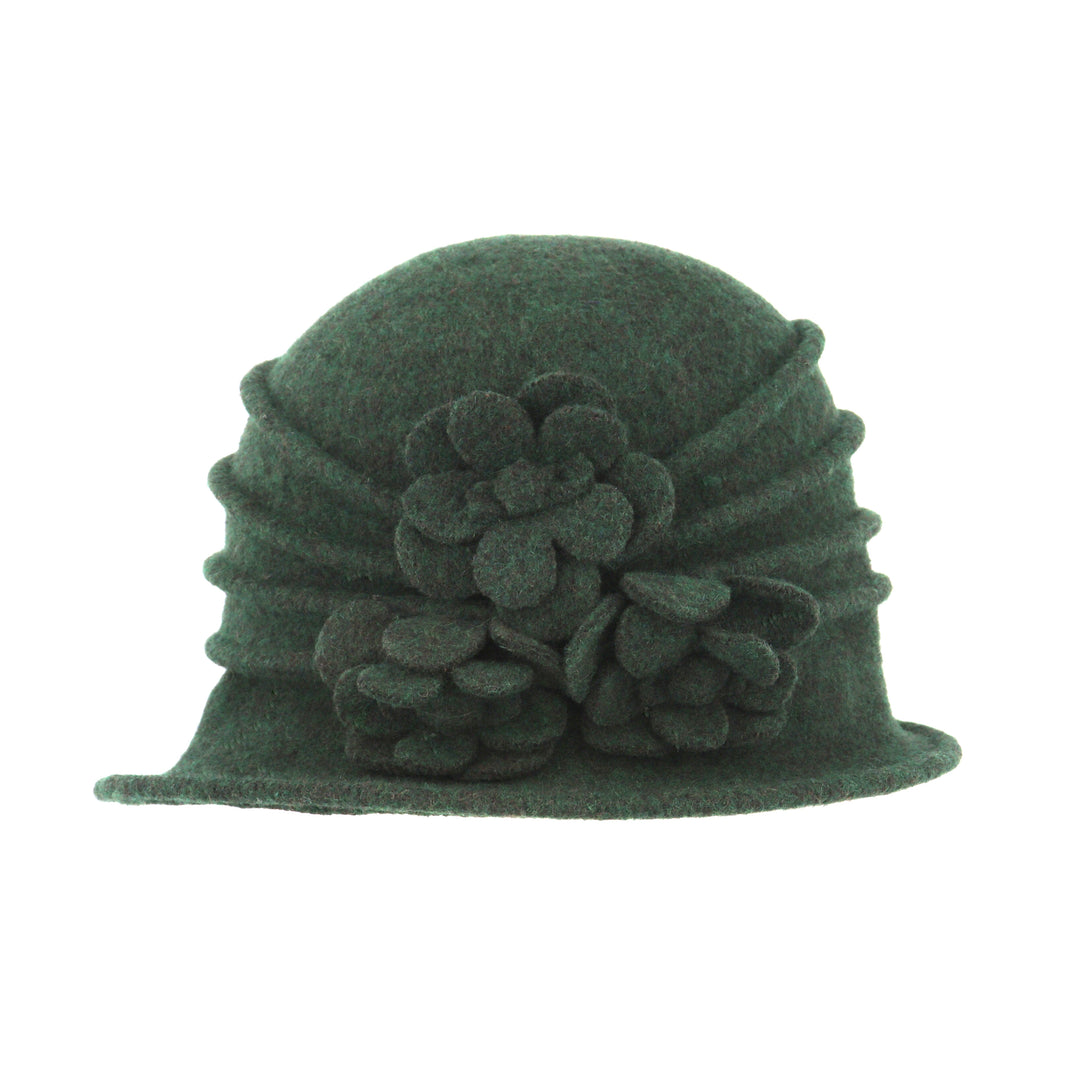 Forest Green Ribbed Wool Cloche Hat With Flower Detail
