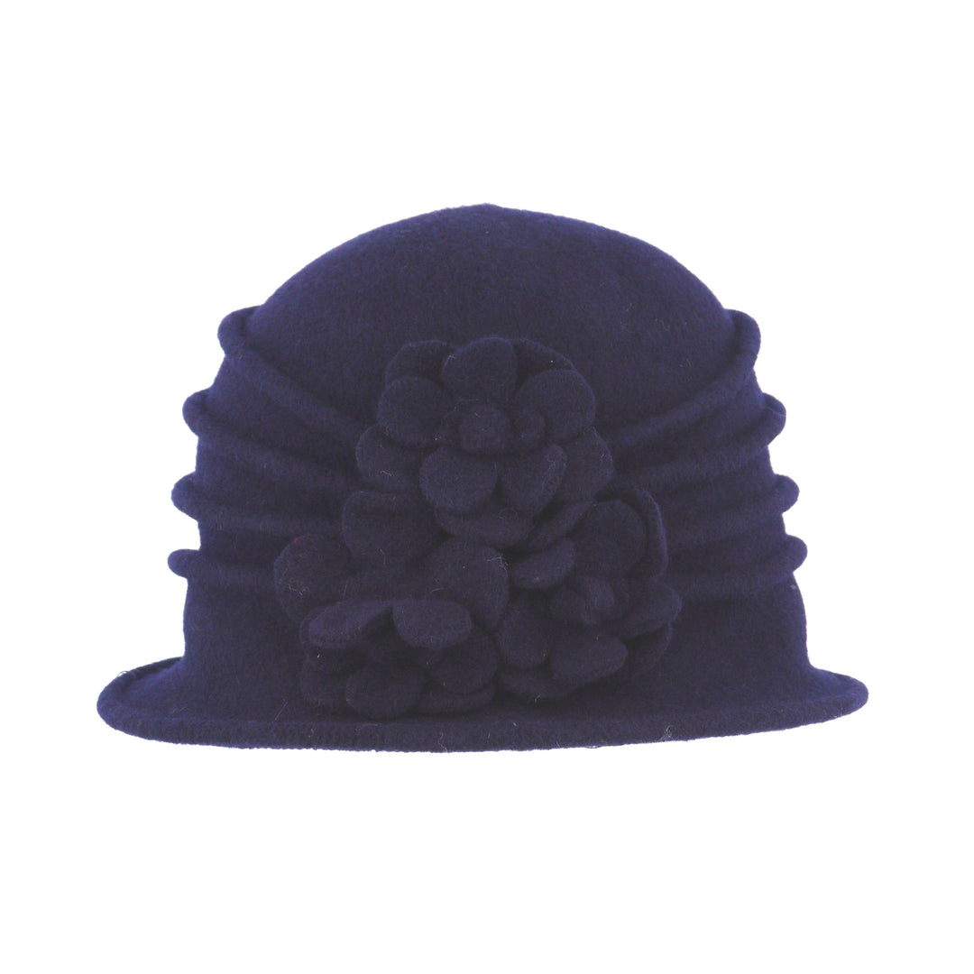 Navy Blue Ribbed Wool Cloche Hat With Flower Detail