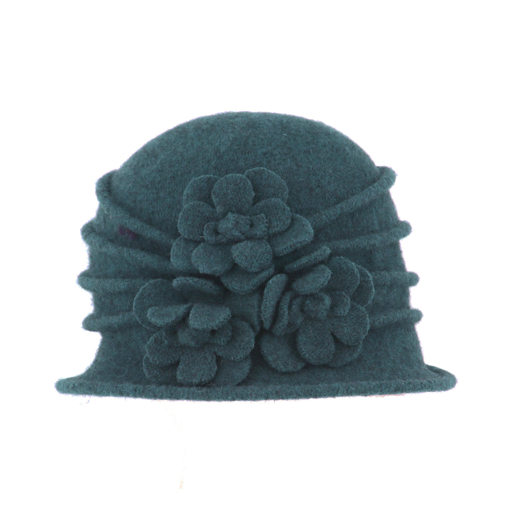 Petrol Blue Ribbed Wool Cloche Hat With Flower Detail
