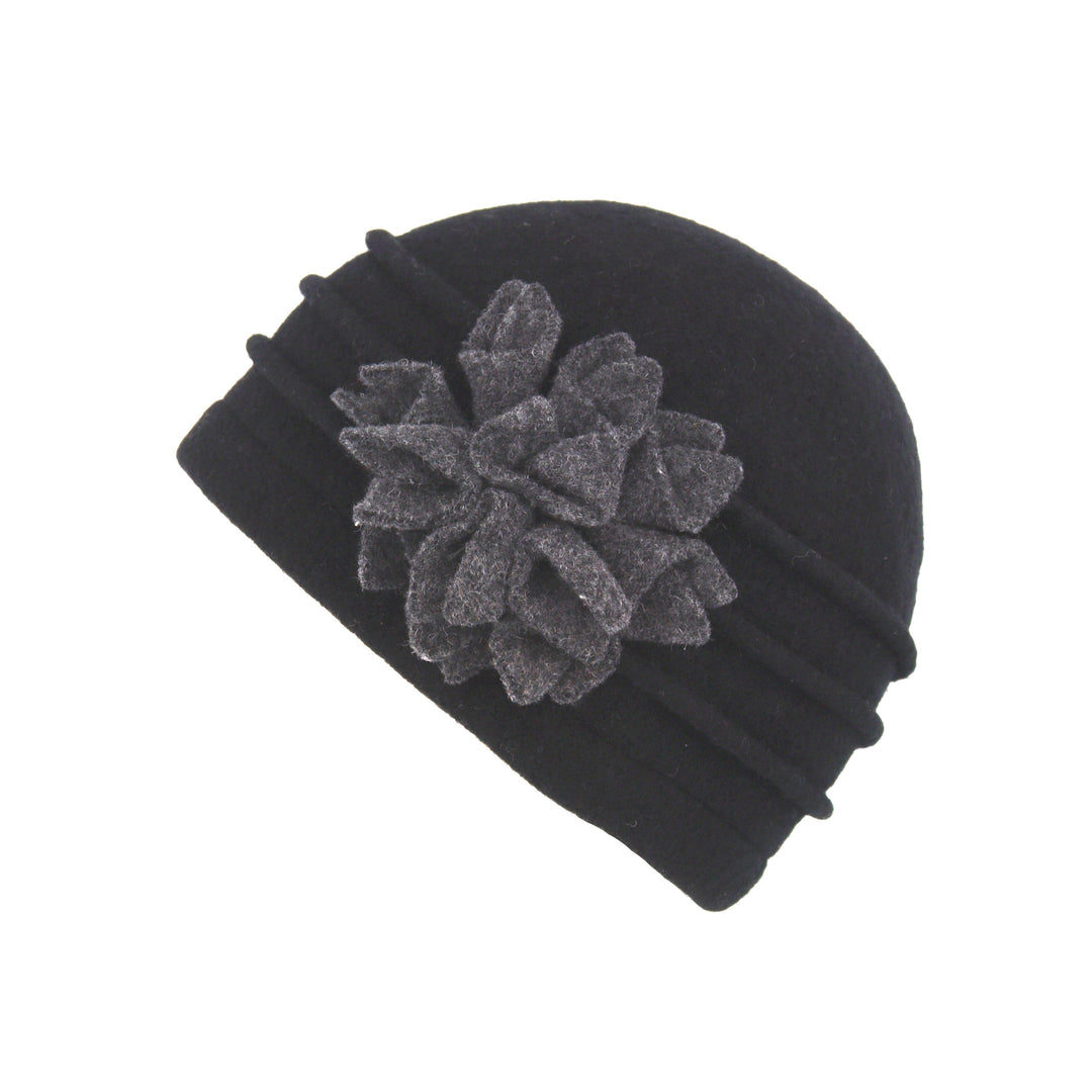 Black/Charcoal Ribbed Wool Beanie Hat With Flower Detail