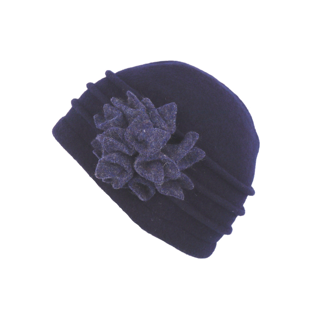 Navy/Blue Ribbed Wool Beanie Hat With Flower Detail