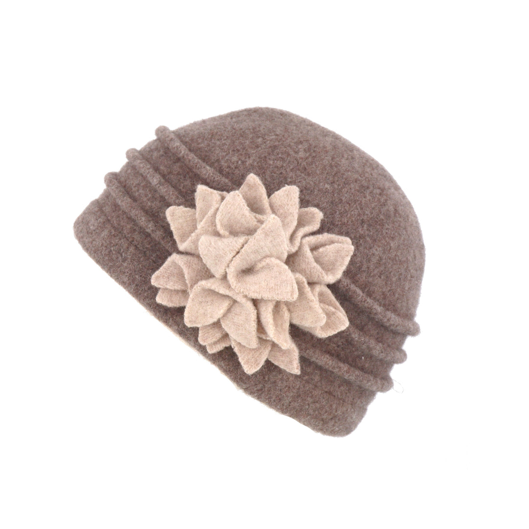 Oatmeal/Beige Ribbed Wool Beanie Hat With Flower Detail