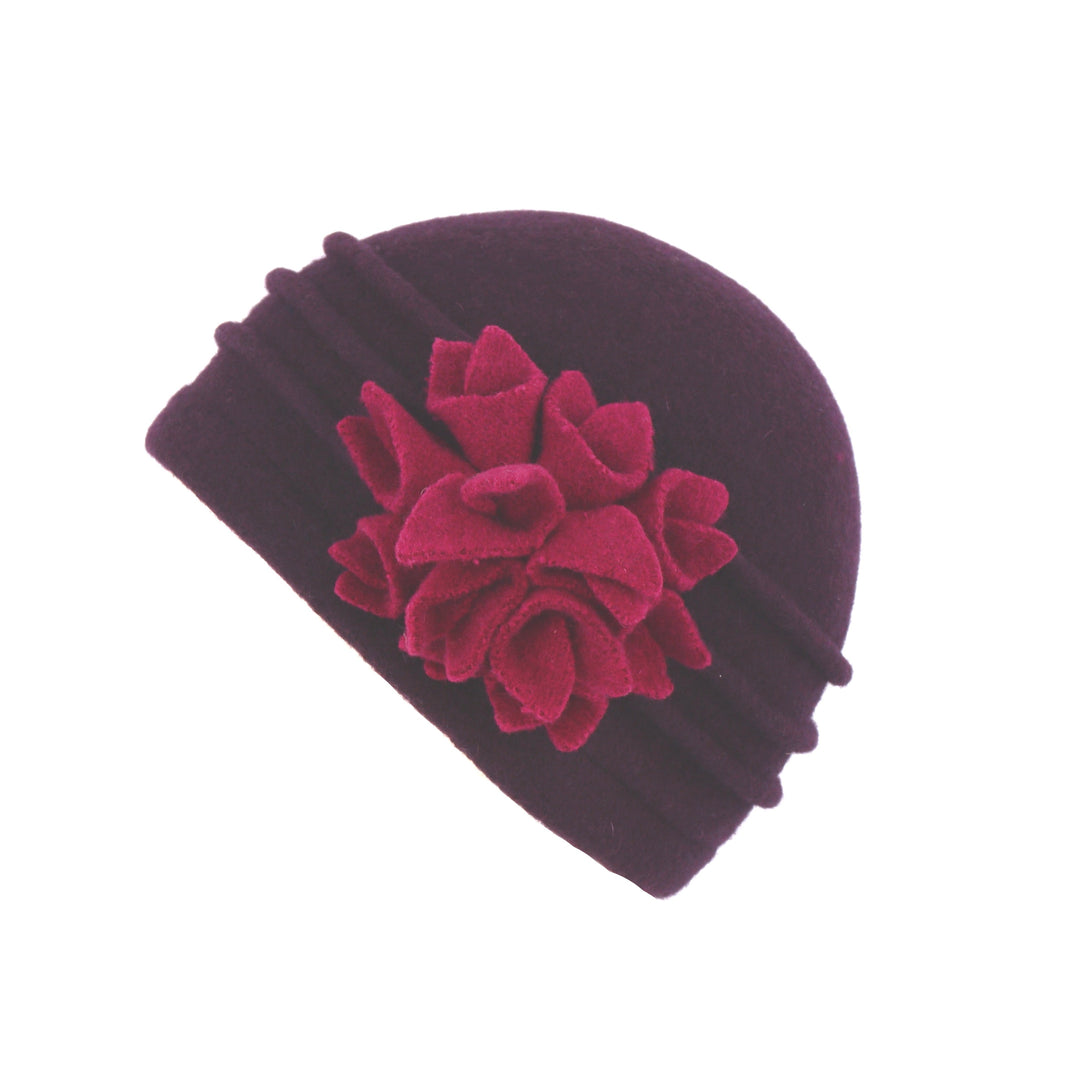 Plum/Pink Ribbed Wool Beanie Hat With Flower Detail