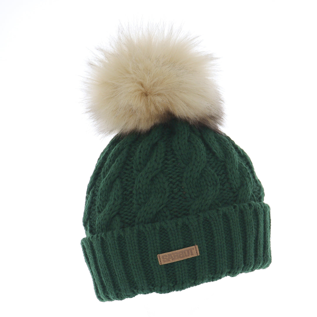 Sabbot Linda Cable Knit Faux Fur Bobble Hat Forest