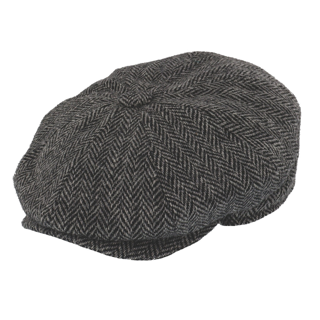 Glen Appin Harris Tweed Wool Bakerboy Cap Grey Herringbone
