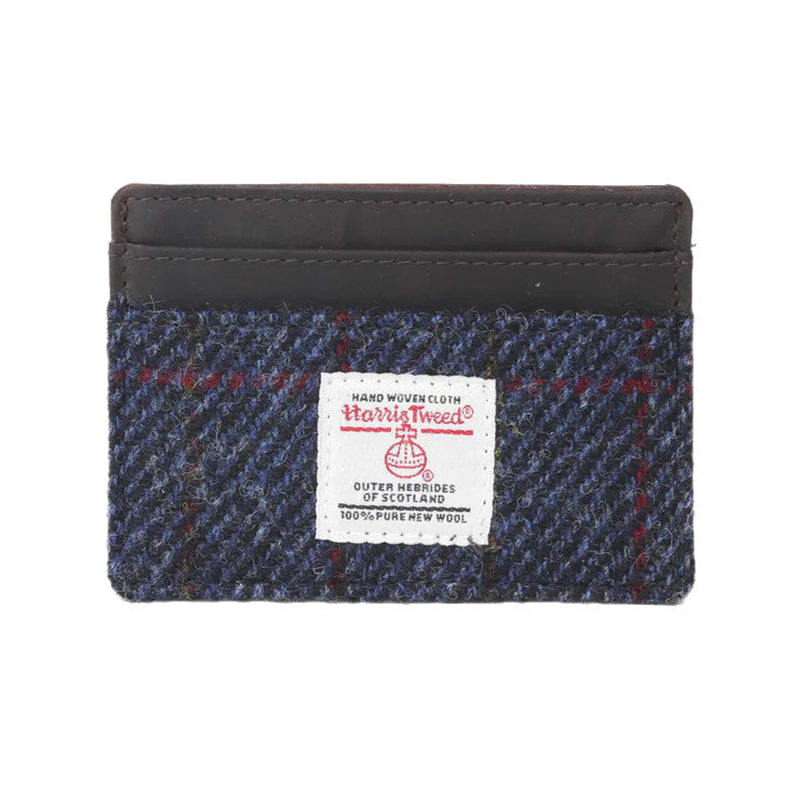Credit Card Holder Wallet Brown Leather & Blue Harris Tweed