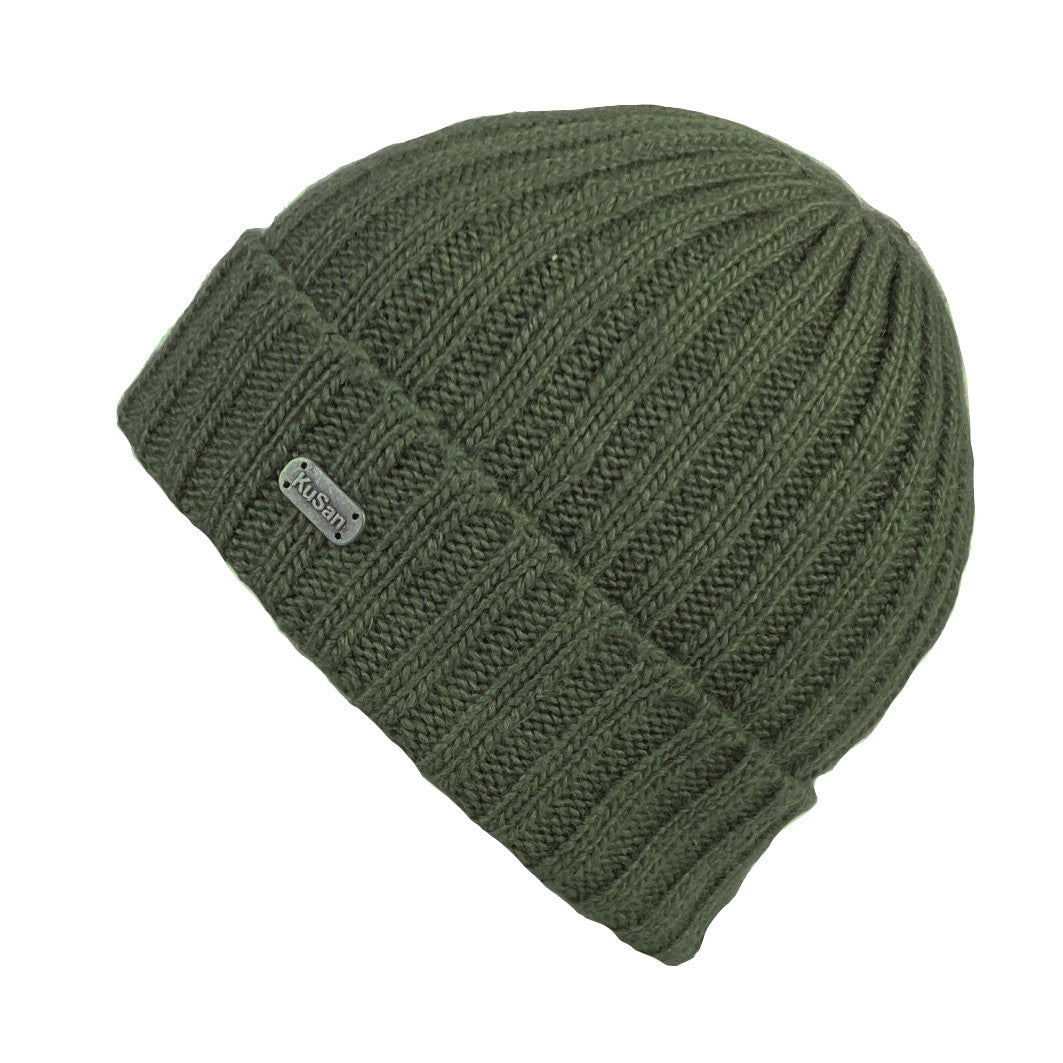 Kusan Rib Knit Turn Up Beanie Hat Khaki