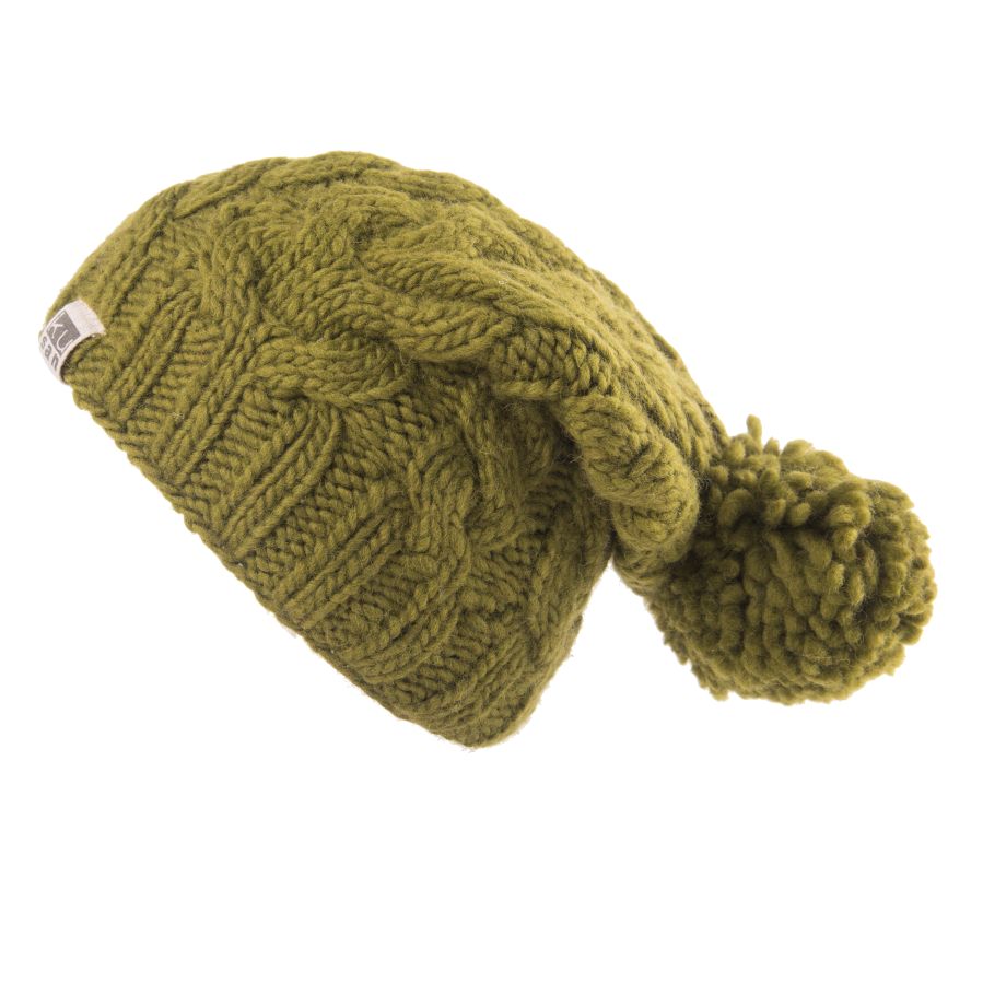 Kusan Cable Knit Wool Floppy Bobble Beanie Hat Khaki