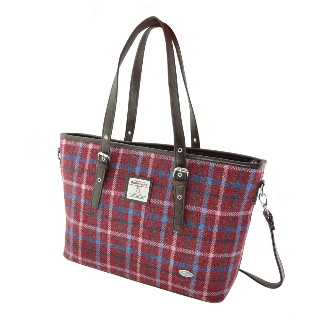 Glen Appin Harris Tweed Classic Spey Tote Handbag Rust Red with Blue Overcheck