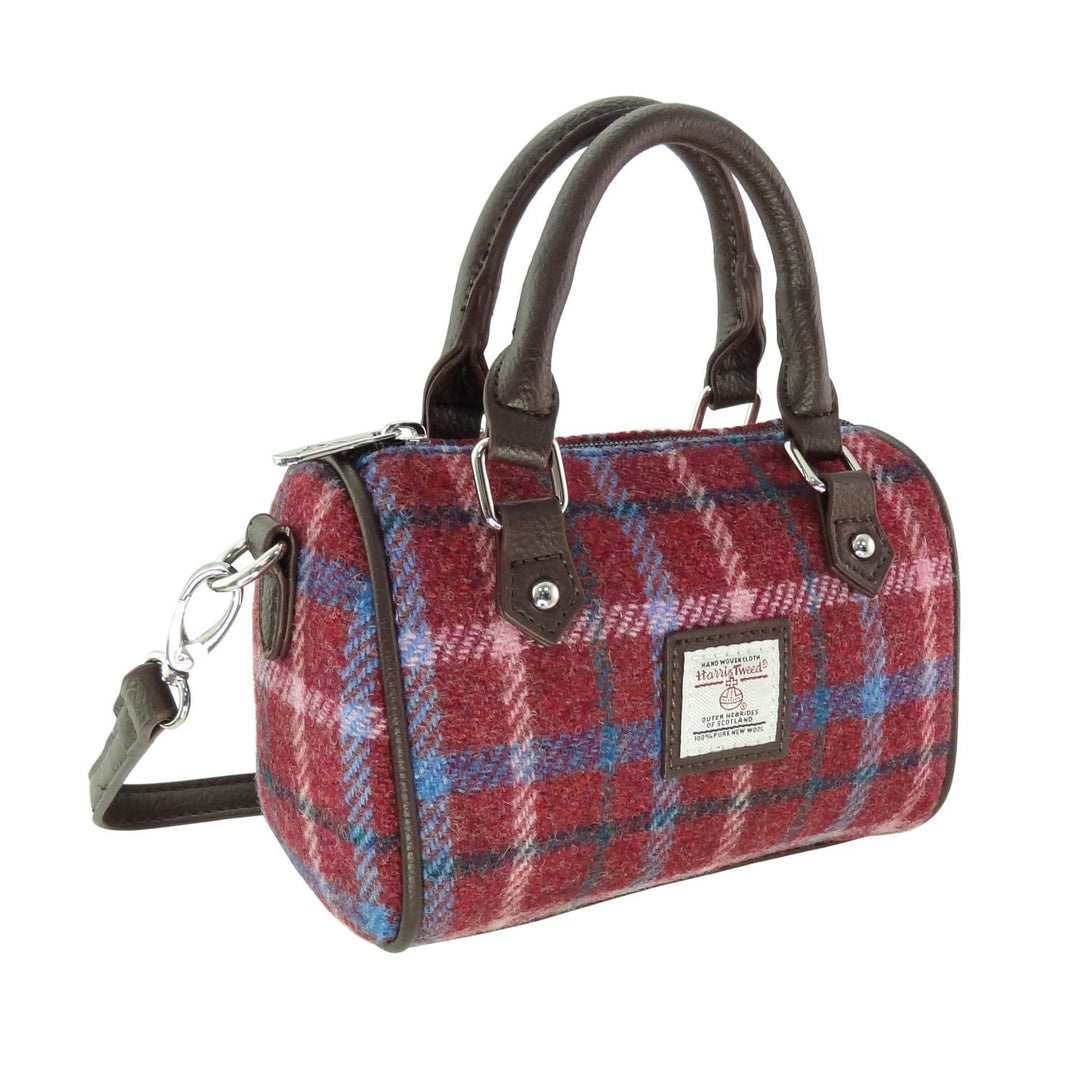 Glen Appin Harris Tweed Kilbride Mini Bowling Bag Rust Red with Blue Overcheck